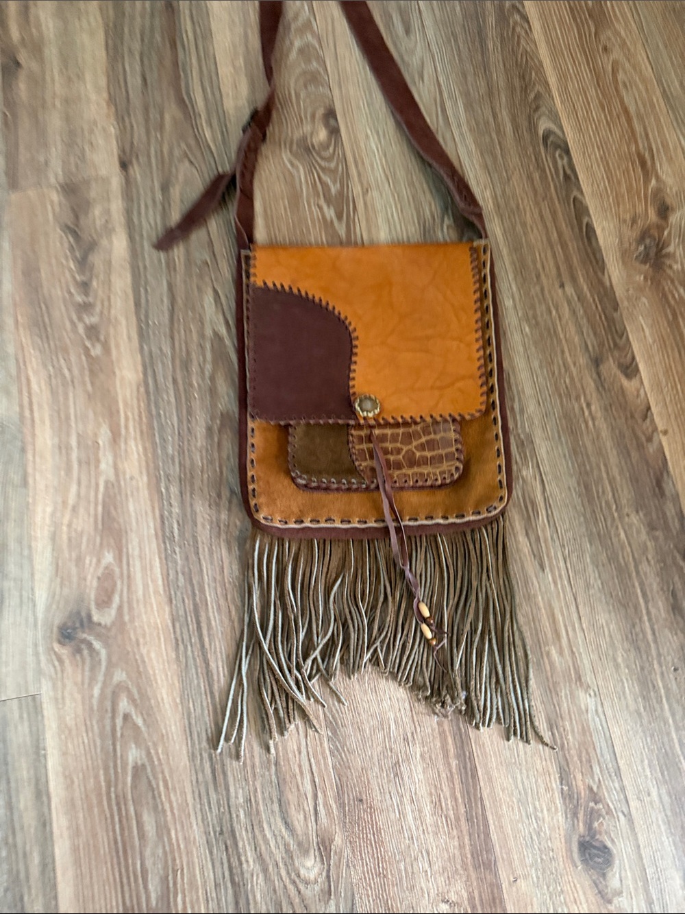 Handmade Two-Tone Brown Leather Fringe Crossbody Bag